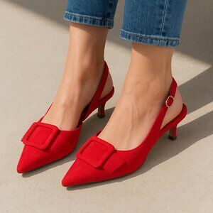 Anne Klein Cherry Red Suede Kitten Heel Slingbacks With Bow. Size 9.5 NWB